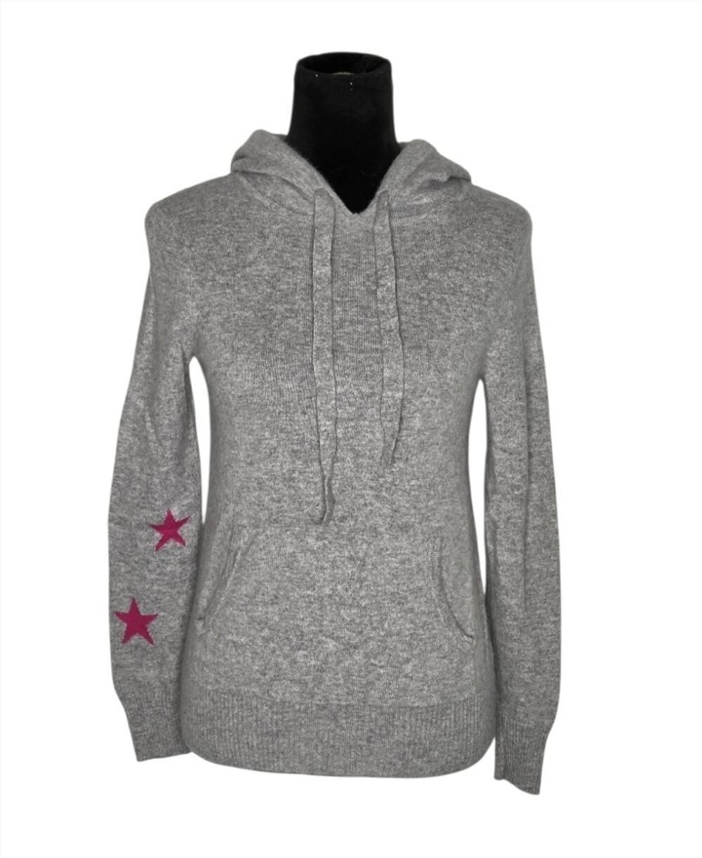 Chelsea & Theodore 100% Cashmere Hoodie Sweater Gray Pink Star Sleeve S/P